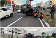 Acidente entre dois carros provoca capotamento e mobiliza resgate